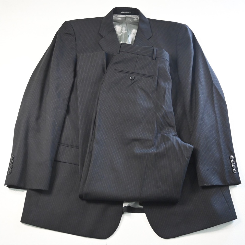 Vtg Y2K Boxy 2000s 44R 34x32 Black Striped 100% Wool Mens Jacket Pants Suit